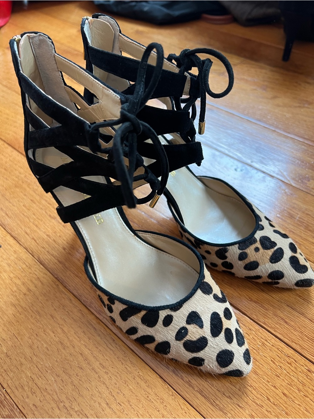 Audrey Brooke Women Sz 7M Leopard Printed Lace Up Pony Hair High Heel Stilettos
